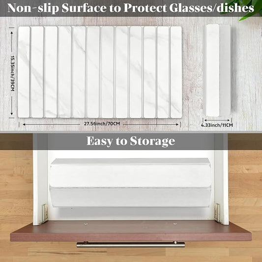 2 PCS Large Stone Dish Drying Mat for Kitchen Counter, 28"×16" Marble Dish Drying Mat with 8"x 4" Coasters, Non - Slip Collapsible Absorbent Mat for Multi - Purpose, Match Any Countertop【White】
