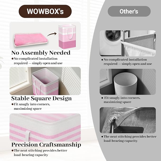 WOWBOX 2 Pack Laundry Baskets, Laundry Hampers, Freestanding Dirty Clothes Hampers with Reinforced Handles & Cross Stitch & Waterproof Coating, for Laundry Bedroom Bathroom Dorm,75L Pink