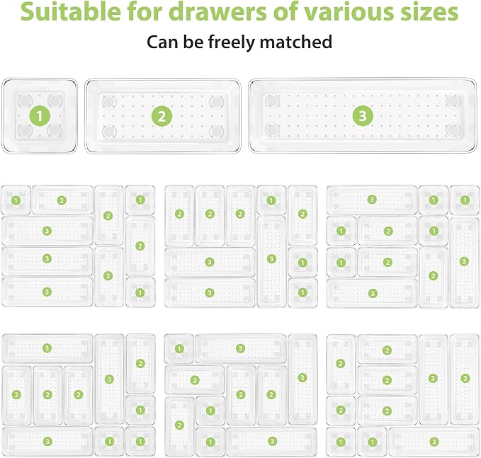 12 Pack Clear Drawer Organizer Set, 3 Sizes Bathroom Vanity Organizer Trays | Vanity and Makeup Organizer | Bathroom Organizer Trays | Storage Bins For Makeup | Cosmetics | Jewelry | Gadgets