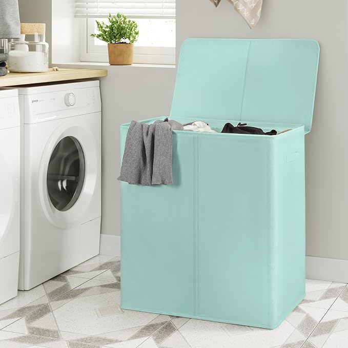 WOWLIVE 154L Double Laundry Hamper 2 Section with Lid and Removable Bags | Divided Laundry Basket, Large Dirty Clothes Hamper with Handle, Collapsible Laundry Storage for Dorm, College, Mint Green