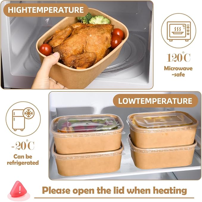 50 Pack Disposable Meal Prep Containers, 25oz Disposable Large Paper Bowls with Lids and Forks for Salad, Noodles, Freezer and Microwavable Storage Use Cardboard Food Containers