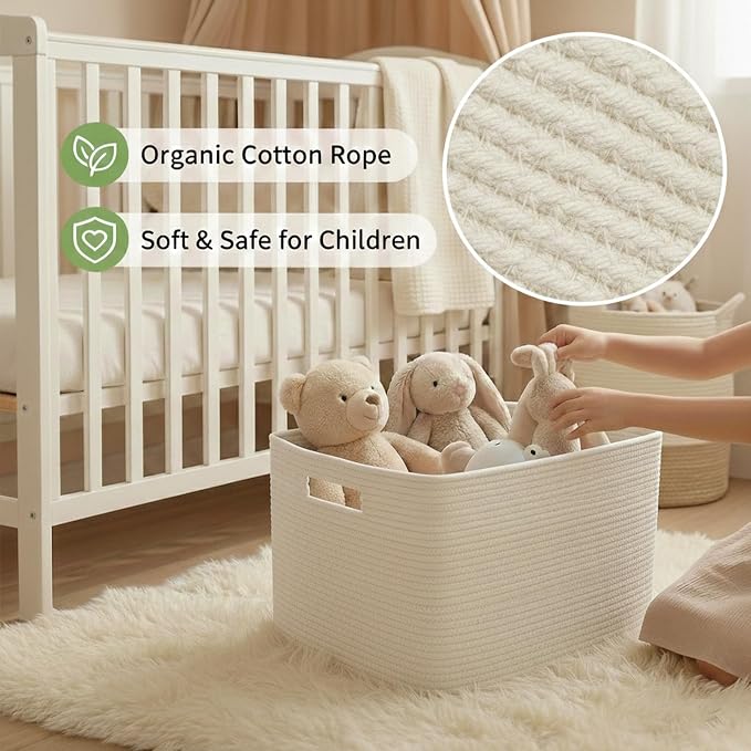 JMvicyroam 96L Large Woven Cotton Rope Blanket Basket, White | Blanket storage for living room or bedroom use, Freestanding with reinforced handles, Entire basket is machine washable