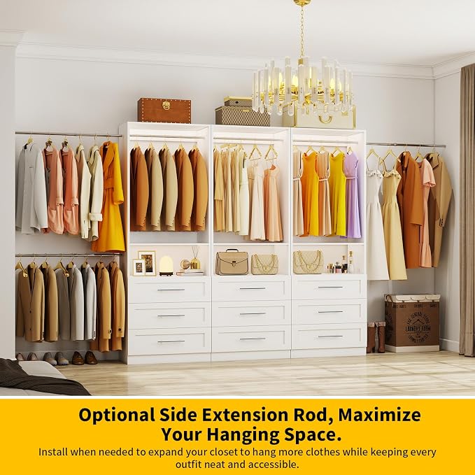 Closet System Set of 3, 6FT-15FT Closet System with 9 Drawers, Walk in Closet System with 6 Hanging Rods Adjustable & 3 Shelves, Modular Custom Closet Organizer Storage System Freestanding, White