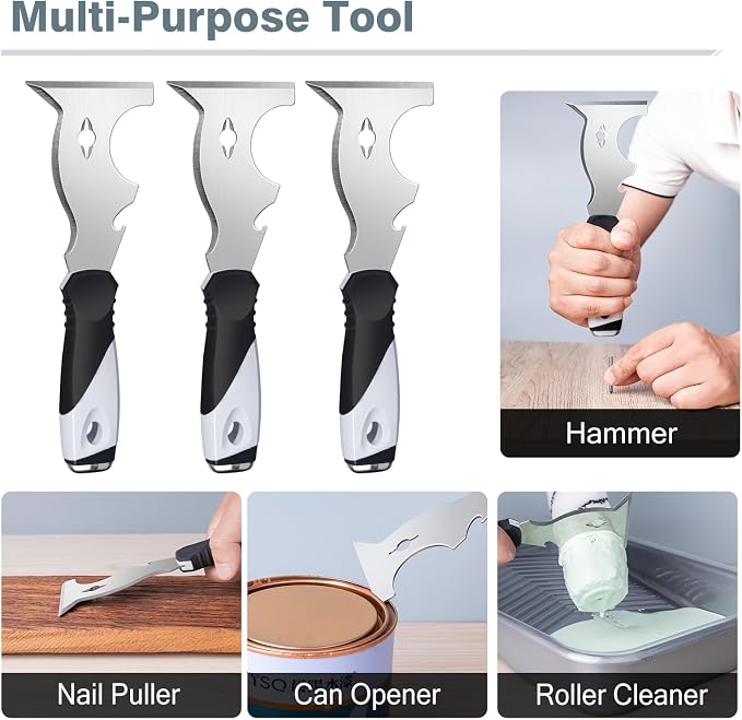 Mister Rui 3PC 10-in-1 Paint Scraper, MultiUse Putty Knife Tool, Hammer End | 3-pack 10-in-1 paint scraper tool set for scraping, spackling, and taping. Hammer end. Paint putty knife for DIYers and pros