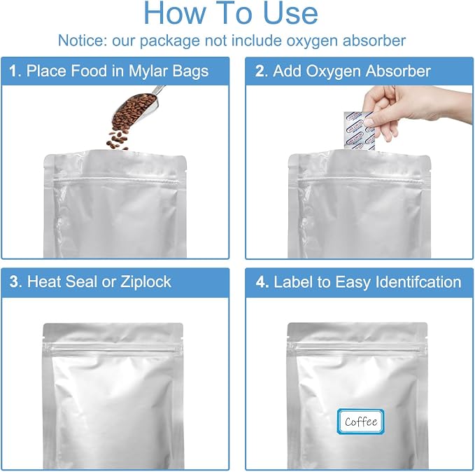 100pcs 1 Pint Mylar Bags - Thick 10 Mil - 5.5"x7.5" Stand Up Zipper Pouches Bags, Resealable and Heat Sealable Vacuum Sealing Bag for Long Term Food Storage
