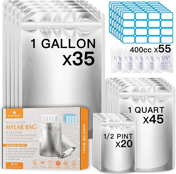 SYMYNELEC 100-Pack Mylar Bags with 400cc Oxygen Absorbers for Food Storage | 11.8 Mil Heavy Duty, 3 Sizes (1 Gallon, 1 Quart, 1/2 Pint), Stand-up Zipper, Resealable, Heat Sealable, Airtight, Smell Proof