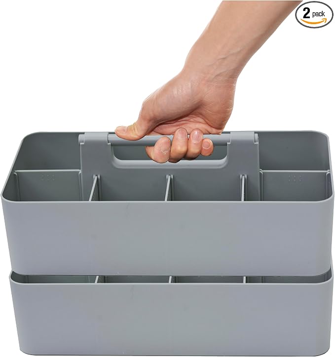 2 PACK - Portable DIY 8 Dividers Durable Plastic Tote Tool & Supply Cleaning Caddy with Handle Made In USA (Orion Gray)