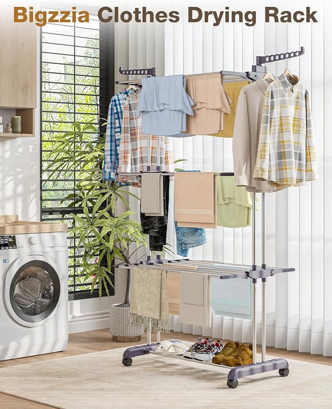 Bigzzia Clothes Drying Rack Folding with Wheels Drying Rack Clothing Clothes Horses Rack Stainless Steel Laundry Drying Rack with Two Side Wings 4 Tier Grey