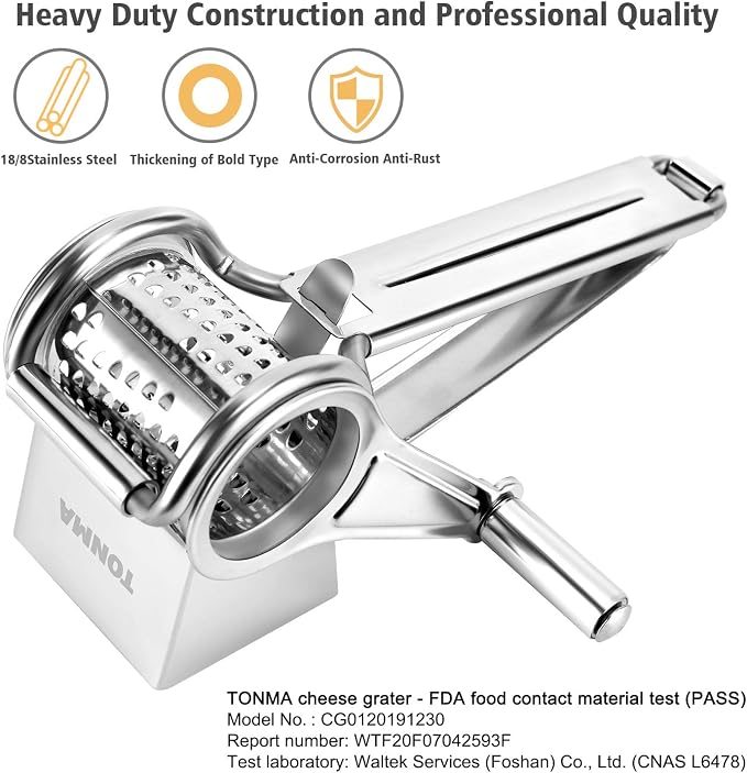 TONMA Multipurpose Rotary Cheese Grater with 1 Stainless Steel Handheld Drums for Parmesan, Mozzerella, Vegetables and More, Ergonomic Design