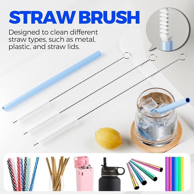 Holikme 6 Pack 4 in 1 Cup Lid Cleaning Brush 3 Straws Bottle Brush,Navy | 4 in 1 Cup Lid Cleaning Brush Multifunctional Bottle Brush, Silicone Cup Lid Gap Cleaner, Bristle Crevice Cleaning Brush