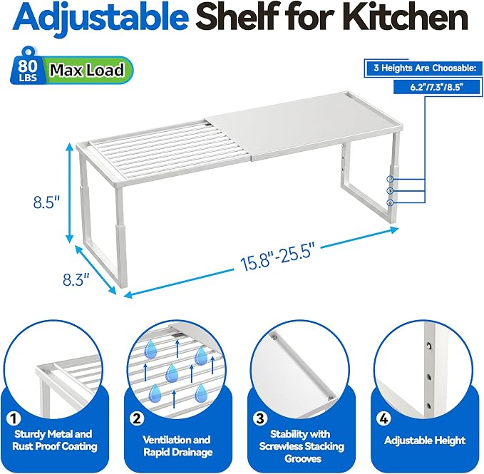 Expandable Cabinet Shelf Organizer, Stackable Kitchen Countertop Storage Shelves, Heavy Duty Adjustable Pantry Organizer Rack for Cabinet, Cupboard, Under Sink & Spice Storage