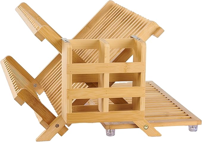 NOVAYEAH Bamboo Dish Drying Rack with Utensil Holder, Collapsible Wooden Dish Drainer Rack, 3-Tier Large Folding Drying Holder for Kitchen Counter 51 pcs Grid