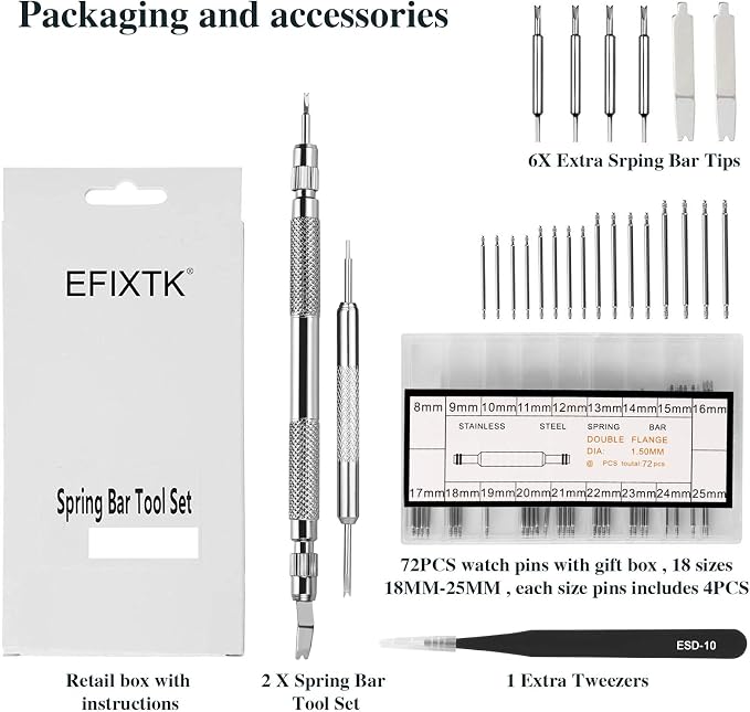 EFIXTK Spring Bar Tool Set with Extra 6 Tips Pins for Watch Wrist Bands Strap Removal Repair Fix Kit,72PCS Extra Watch Pins
