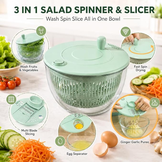 Multifunctional Salad Spinner with Slicer, 3 in 1 Vegetable Fruit Washer Dryer, Kitchen Chopper Tool Set with 5 Interchangeable Blades Egg Separator Large Lettuce Dehydrator | White-transparent