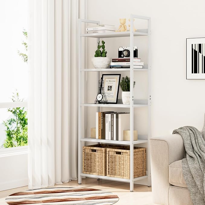 NUMENN Bookshelf, 5 Tier Freestanding Shelving Unit, White | Metal Frame & Wood Shelves, Falling Prevention Baffle, Open Storage Bookcase for Bedroom, Living Room & Home Office
