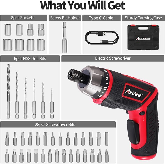 AVID POWER 4V Electric Cordless Screwdriver Set 5.65Nm 44 Bits with Case | 5.65Nm, 5+1 Torque Settings, 2-Position Handle, 44 Accessories, LED Light, for Precision Assembly & Furniture Installation