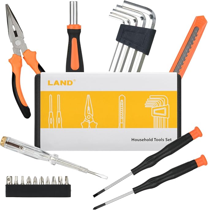 LAND 22-Piece Compact Tool Kit with Toolbox | Essential Household Tools for Home Repair, DIY Projects, Includes Pliers, Screwdrivers & Portable Storage Case