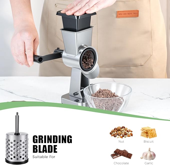 LHS Rotary Cheese Grater Stainless Steel Manual Cheese Shredder Grater Walnuts Grinder with 3 Interchangeable Drum Blades for Chocolate, Cheese and Nuts