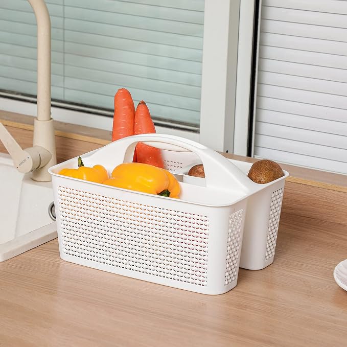 Plastic Portable Shower Caddy Basket with Handle, 3 Compartments, White | Storage Organizer with Drain Holes, Sturdy and Durable For Bathroom, Kitchen, College Dorm, Sink, Camping