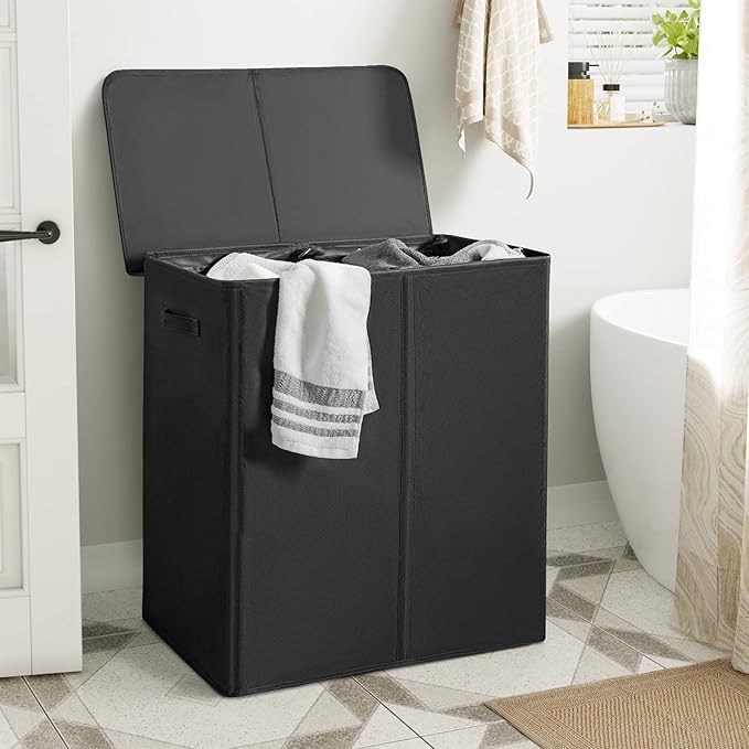 WOWLIVE 154L Double Laundry Hamper 2 Section with Lid and Removable Bags | Divided Laundry Basket, Large Dirty Clothes Hamper with Handle, Collapsible Laundry Storage for Dorm Room, College, Black