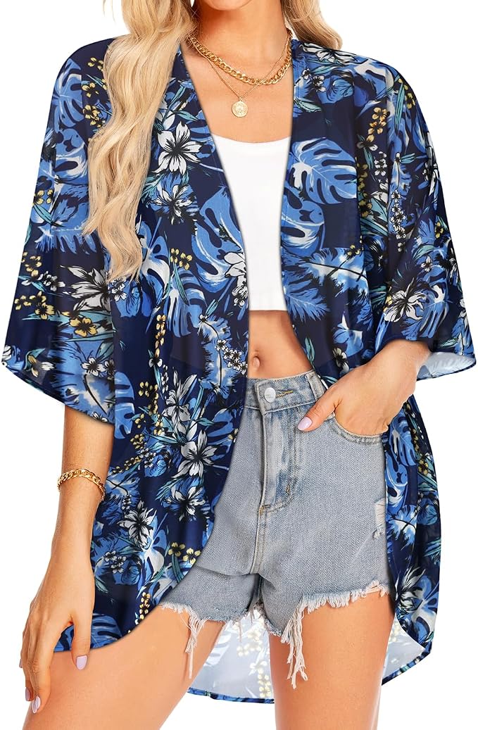 Women Kimono Cardigans Summer Cover Up Hawaiian Shirts Floral Print Tops | ROSEMIA chiffon kimono open front cardigans, beach cover ups, daily casual tops, cruise outfits, summer resort wear