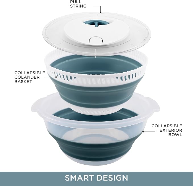COOK WITH COLOR Collapsible Salad Spinner - 4 QT Space Saving Lettuce Dryer with Folding Collapsible Colander Great for Washing and Drying Fruit and Vegetables (Blue)