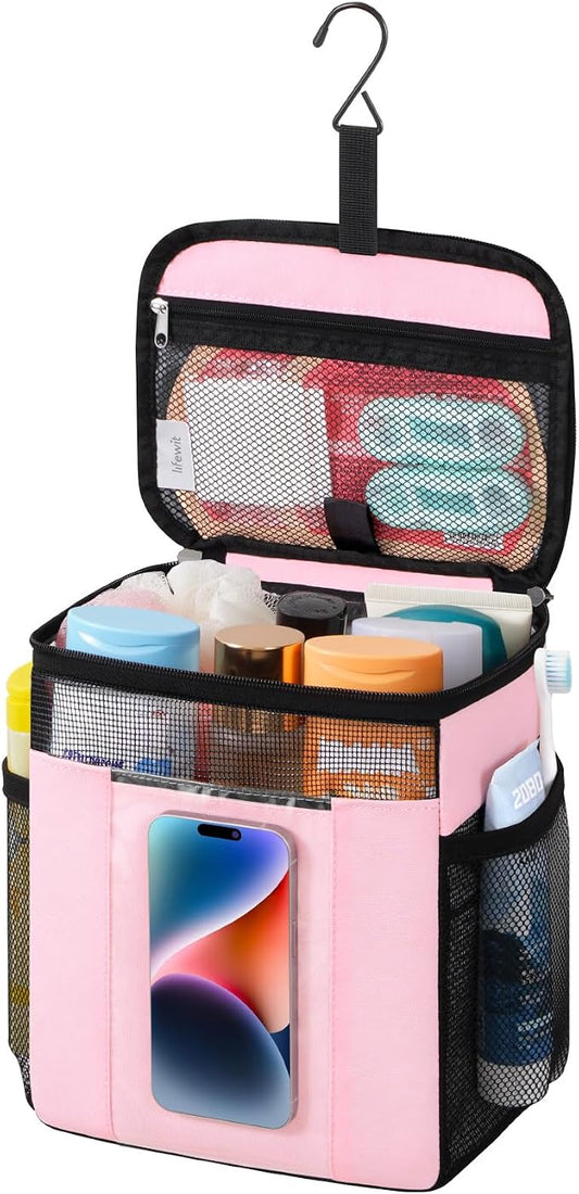 Lifewit Mesh Shower Caddy Bag Portable, Quick Dry Hanging Bathroom Organizer with PVC Phone Bag, College Dorm Room Essentials for Travel, Gym, Camping, Toiletry Tote for Women Men, Medium, Pink