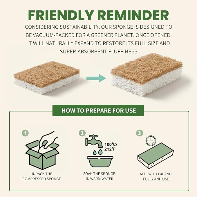 Metflavor Kitchen Sponges, 48 Count, Natural Non-Scratch Cellulose Sponge with Coconut Scrubber for Dishes, Biodegradable & Compostable, Non Toxic Cleaning Sponges for Kitchen, Bathroom, Household