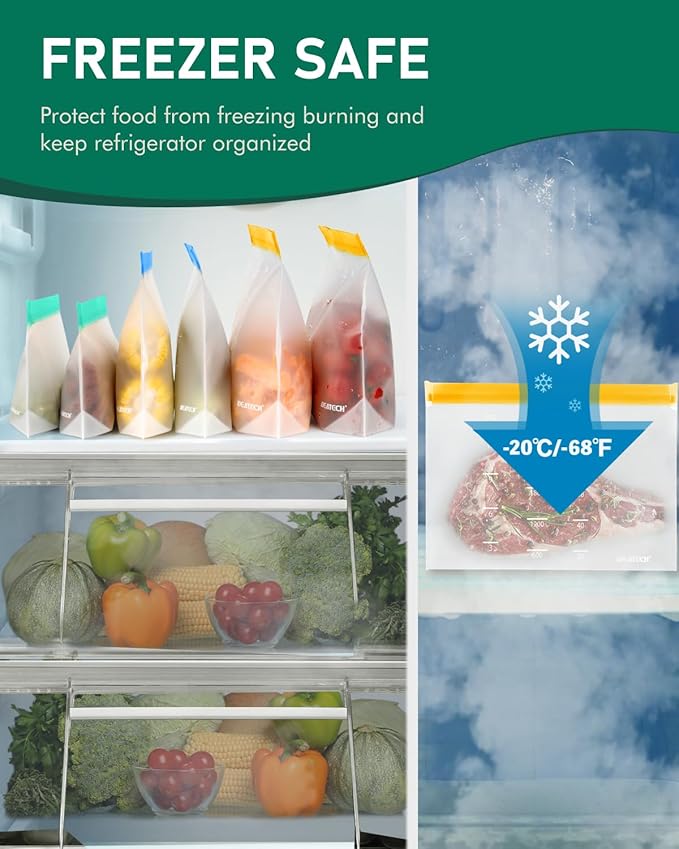 IDEATECH 10 Pack Reusable Quart Freezer Bags, Stand-Up Food Storage Bags | Leakproof, Dishwasher Safe, Stand-Up, BPA-Free Food Grade, Medium Size with Measurement Marks for Lunch, Snacks & Meal Prep