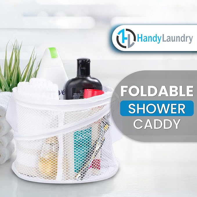Handy Laundry Portable Shower Caddy Mesh Basket, Small Collapsible Foldable Toiletry Caddy with Handle | Quick Dry Drain Hole, Large Compartments for College Dorm, Gym, Travel, Camping, White
