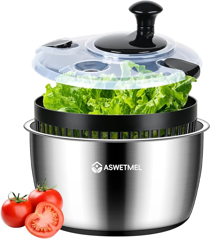 5.3QT Large Stainless Steel Salad Spinner, ASWETMEL Metal Salad Spinner with Locking Lid & Non-Slip Base, Lettuce Spinner for Washing and Drying Fruits Vegetables, Salad Dryer Spinner for Kitchen