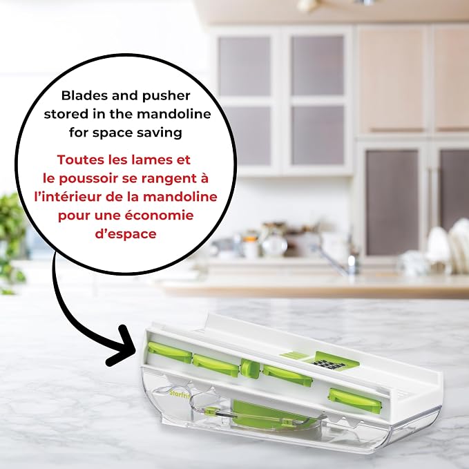 Starfrit Easy Mandoline Slicer, Dicer - 5-Blades - Straight & Crinkle Blades, Julienne, Grater & Shredder - Self-Feeding Pusher - Catch Base for Storage and Food Container