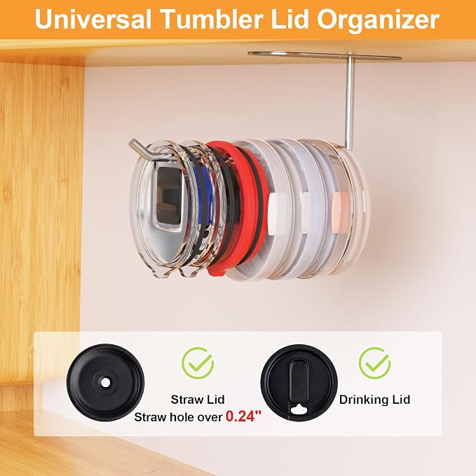4 Pack Tumbler Lid Organizer, Space Saving Cup Lid Organizer | Yeti/Stanley/Simple Modern Lids Organizer, Self-Adhesive or Drilling Tumbler Lid Hook for Kitchen Organizers and Storage