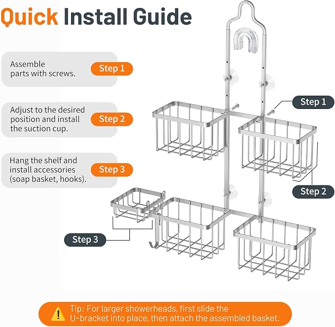 Luxspire Shower Caddy Hanging over Shower Head,Rustproof Adjustable Shower Rack Hanging No Drill,Thickened Stainless Steel Shower Organizer and Storage for Inside Shower with Hook Soap Holder,Silver