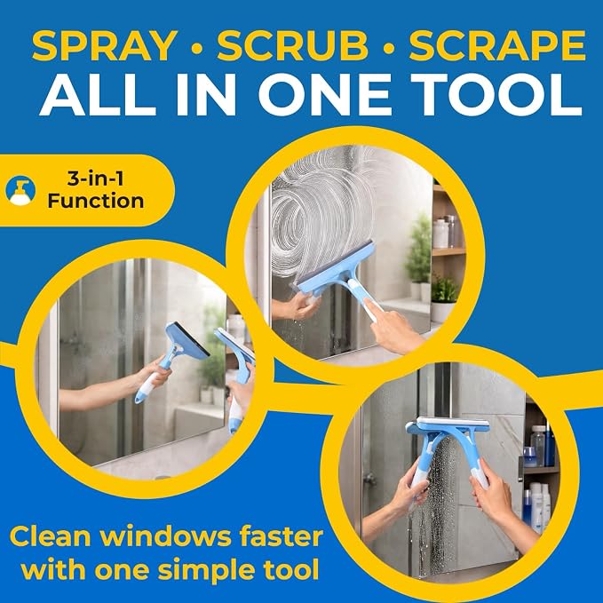 3-in-1 Window Squeegee with Spray Bottle, Handheld Glass Cleaning Tool with Microfiber Scrubber and Silicone Blade, Refillable Window Cleaner for Mirrors, Shower Doors, Tiles & Car Windows (Yellow)