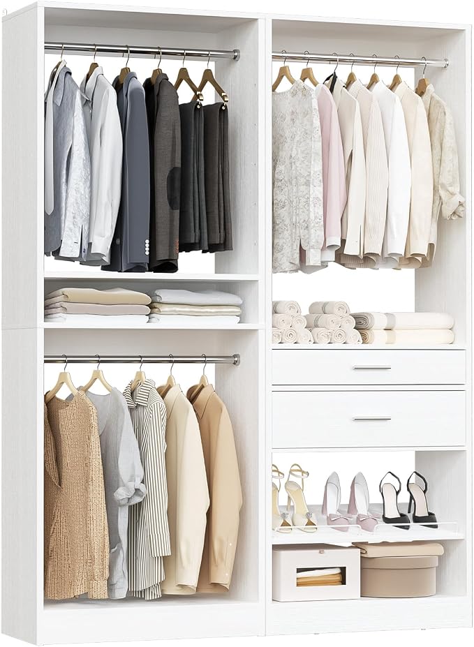 Unikito Closet System Set of 2, 4FT Closet Systems with 2 Wood Drawers, 50" Closet Organizer System with 3 Hanging Rods & 2 Shelves, Heavy Duty 50 Inch Walk-in Closet , White (50" L x 16" W x 80" H)