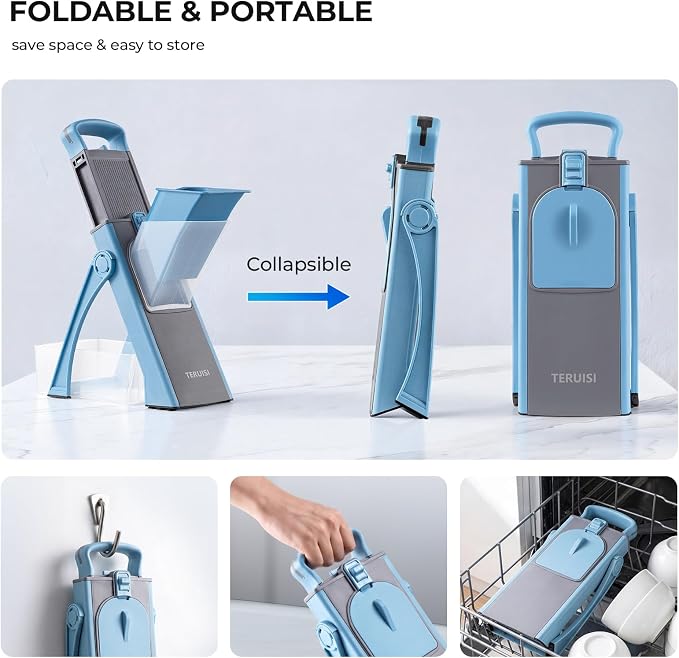 Safe Mandoline Slicer Multi Vegetable Chopper, Foldable 4 in1 Fruit Slicer Dice Strip Shred Veggie Cutter with 0-8mm Thickness Adjustable Built in Blades, Detachable Salad Chopper,110V