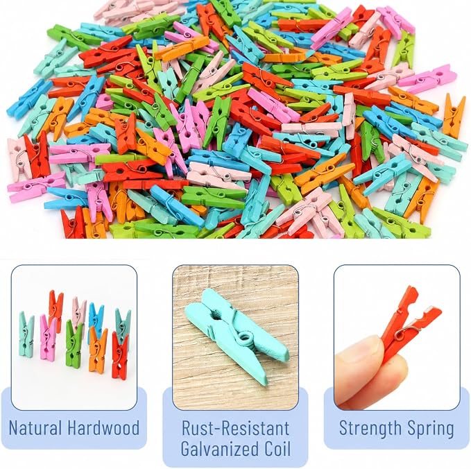 Mr. Pen- Mini Wooden Clothes Pins for Photo, 1 Inch, 200 Pack, Colorful | Small Clothespins with 10 m Jute Twine for Scrapbooking, Labeling Plants, Gift Tags, Tiny Crafts, Photo Display, Decoration