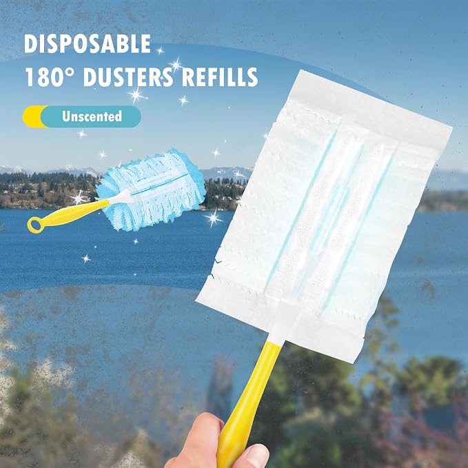 30 Count Duster Refills Compatible with Dusters 180° Handle Dusters | 180° Heavy Duty Multi-Surface Duster Replacement with 1 Standard Handle, Unscented