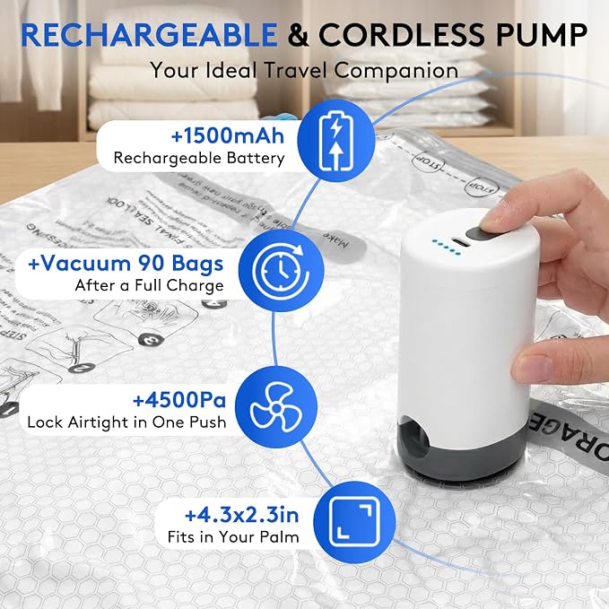 6 Packs Vacuum Bags for Travel with Rechargeable Pump, 3 Sizes Vacuum Seal Bags for Clothing, Compression Vacuum Travel Bags for Luggage, Vacuum Packing Bags for Closet Organization