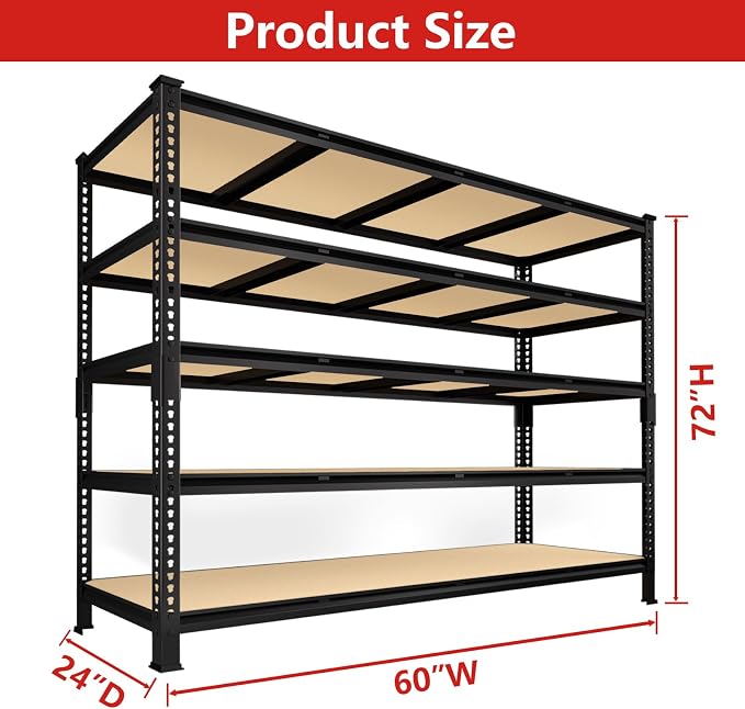 PrimeZone 60" W X 24" D X 72" H Heavy Duty Garage Storage Shelves, 3000 LBS | 5 Tier Adjustable Metal Shelf, 15 Support Beams, Boltless Solid Steel Frame, Freestanding, Industrial Storage for Basement