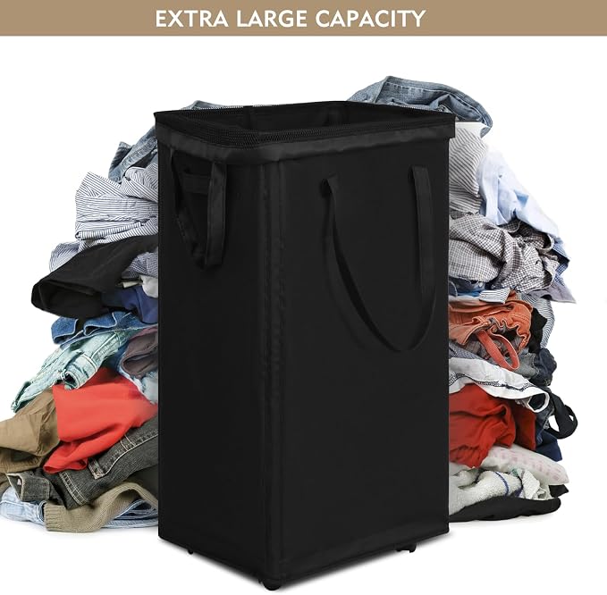 DOKEHOM 90L X-Large Rolling Laundry Basket Hamper on Wheels, Black | Collapsible clothes hamper with removable mesh wash bag. High-capacity foldable washing bin organizer