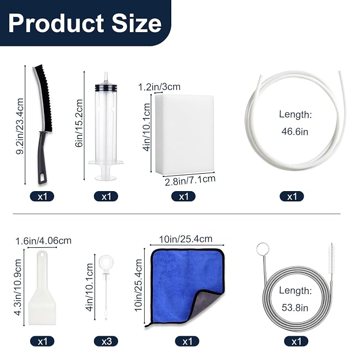 XANGNIER 10 Pcs Refrigerator Water Line Cleaning Kit,Refrigerator Drain Cleaner Tool–53.8Inch Flexible Drain Brush,Syringe,Unclog Fridge&Ice Maker Cleaner Tools for Ice Dispenser,Sink,AC Drain Line