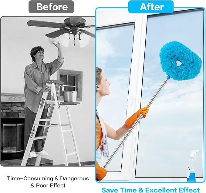 Ceiling Fan Cleaner Duster Reusable Microfiber Ceiling Fan Blade Cleaner Removable Duster with Extension Pole Adjusts 13 to 49.7 Inch for Cleaning Walls Bookshelves Furniture Door Window Top (Blue)