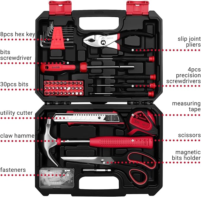 DEKOPRO 50 Piece General Household Hand Tool Kit with Plastic Toolbox Storage Case, All Purpose Home Tool Kit Includes Essential Tools for Office College Repairs - Red