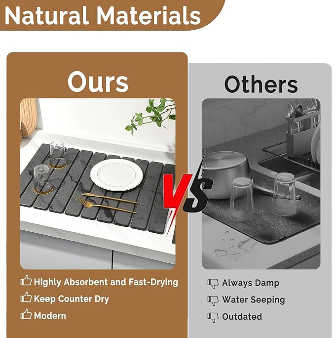 Large Stone Dish Drying Mat for Kitchen Counter, Quick Dry Stones Dishes Mats, Foldable Water Absorbing Diatomaceous Earth Drying Pad for Plate Rack Bottles Utensils (Dark Gray 24"×16" & 8"x4")