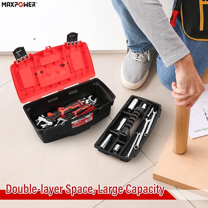 MAXPOWER 13-Inch Tool Box, Small Toolbox with Removable Tray & Dual Lock Secured Tool Box Organizer for Household