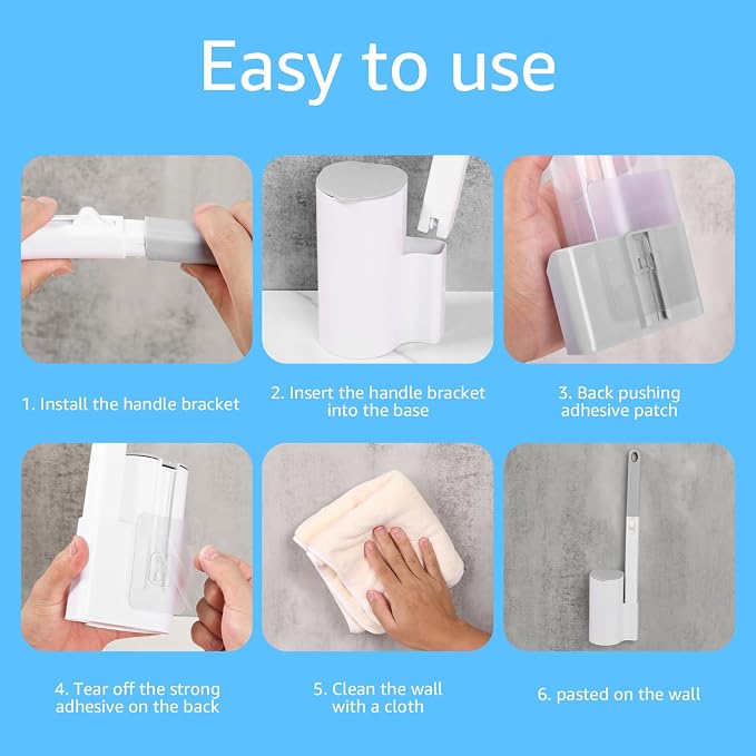 Disposable Toilet Bowl Cleaner Wand System, Wall Mounted Toilet Brush with 360° Sponge Refill Heads, Hygienic Deep Cleaning Bathroom Scrubber, Space Saving Adhesive Caddy