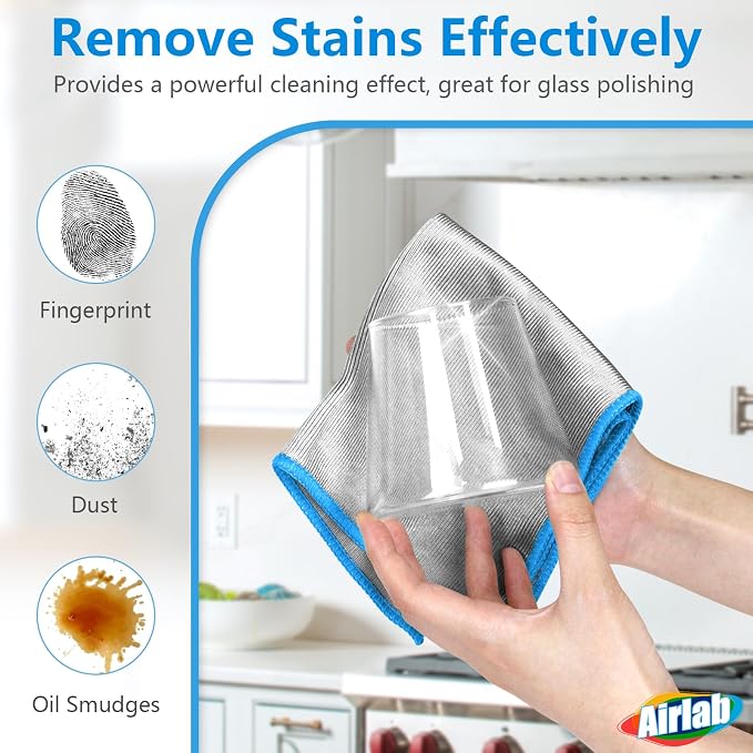 Airlab Glass Polishing Cloth Streak Free Miracle Cleaning Cloth Lint Free Microfiber Cleaning Rags for Glasses Kitchen Dish Mirrors Easy Clean, Pack of 6, 12" x 12", Sliver-Blue