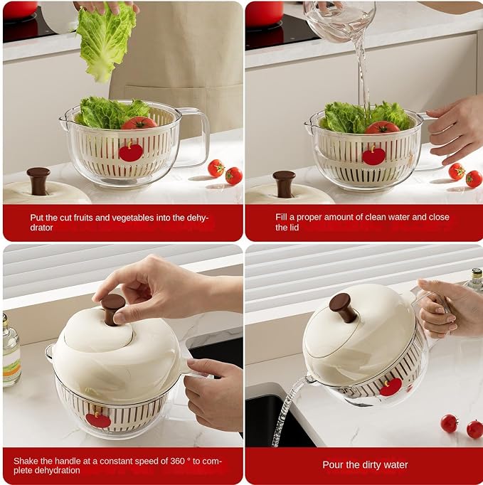 Salad Spinner, Hand Cranked Fruit Washing Spinner with Handle, Multifunctional Fruit and Vegetable Washing Bowl with Drain Basket, Reusable Salad Dehydrator Drainer for Home Kitchen
